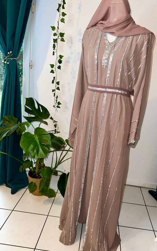Abaya Kimono Marron Strass - 4 Pcs